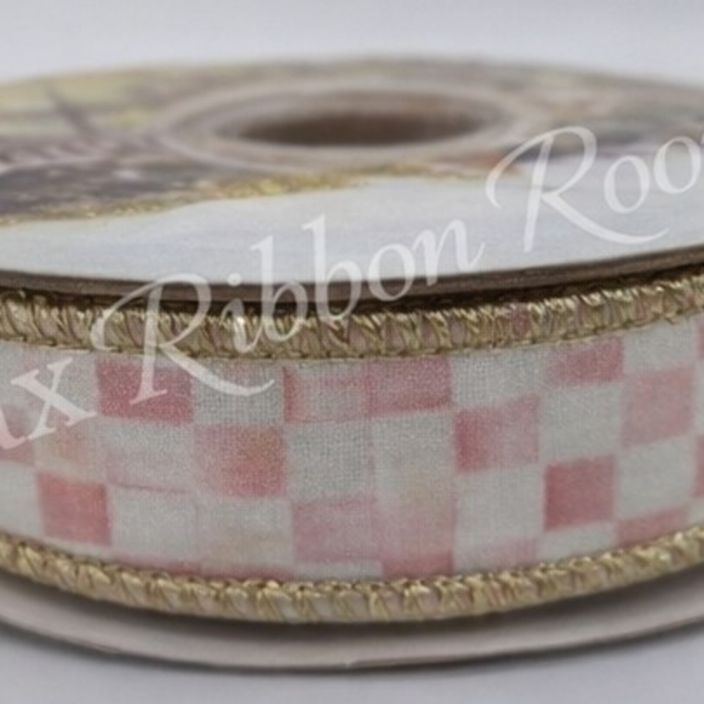 MacKenzie-Childs Rosy Check Pink Ribbon 2"  Wired Luxury Gift Wrap Four (4) Yard - Picture 3 of 4